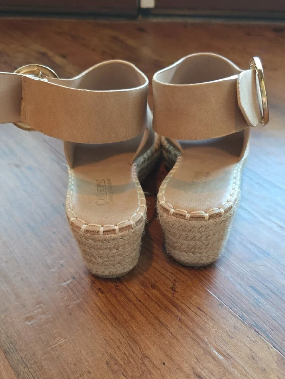 Catherine Malandrino Tan Peep-Toe Espadrille Wedges with Gold Buckle - Size 8